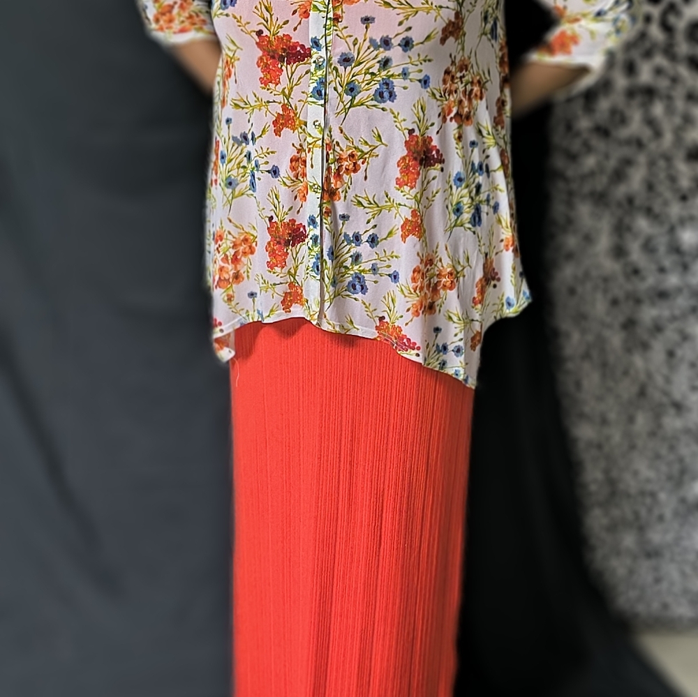 Floral Blouse with Red Skirt